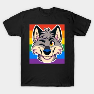 LGBTQ Furry Pride Wolf Face Winking T-Shirt